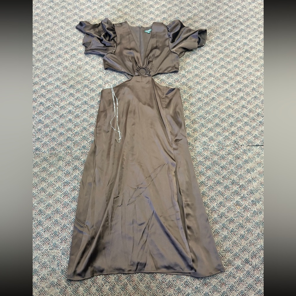 wild fable Brown Satin Cutout Maxi Dress with Ring Detail